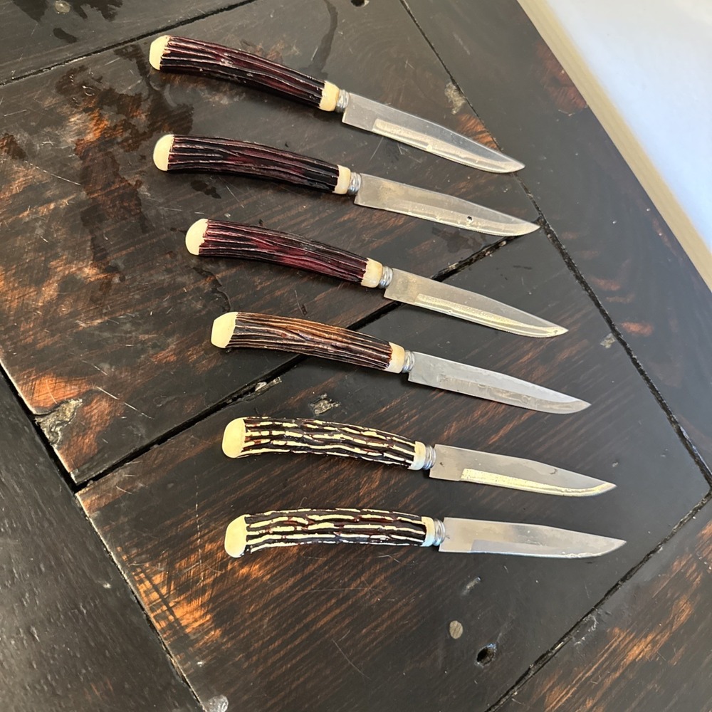 Stainless Steel Blade Steak Knives Faux Stag‎ Horn Antler Handles Japan Set of 6